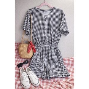 Vintage 90s FADS Gingham Romper Medium Black White Button Front Cotton